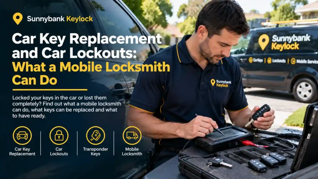 Mobile locksmith programming a replacement car key beside a vehicle