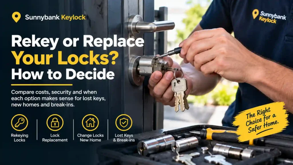 Locksmith rekeying a door lock cylinder with new keys